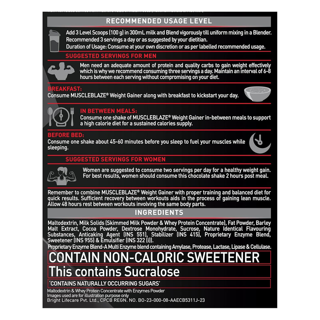 MuscleBlaze Weight Gainer with Added Digezyme (Chocolate, 500g / 1.1lbs, 5 Servings)