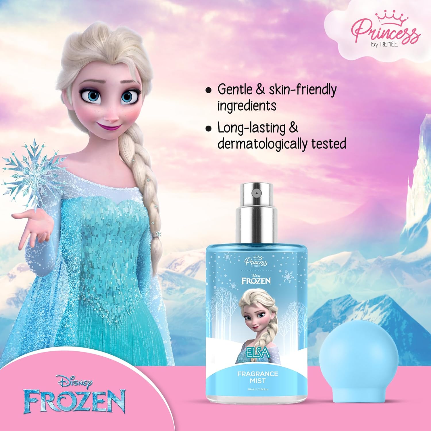 Princess by RENEE Disney Frozen Elsa Fragrance Mist for Pre-Teens, Long Lasting Scent with Fruity & Floral Notes of Melon, Peach & Pineapple, Vanilla & White Musk, Dermatologically Tested, Vegan, Cruelty-Free 30ml