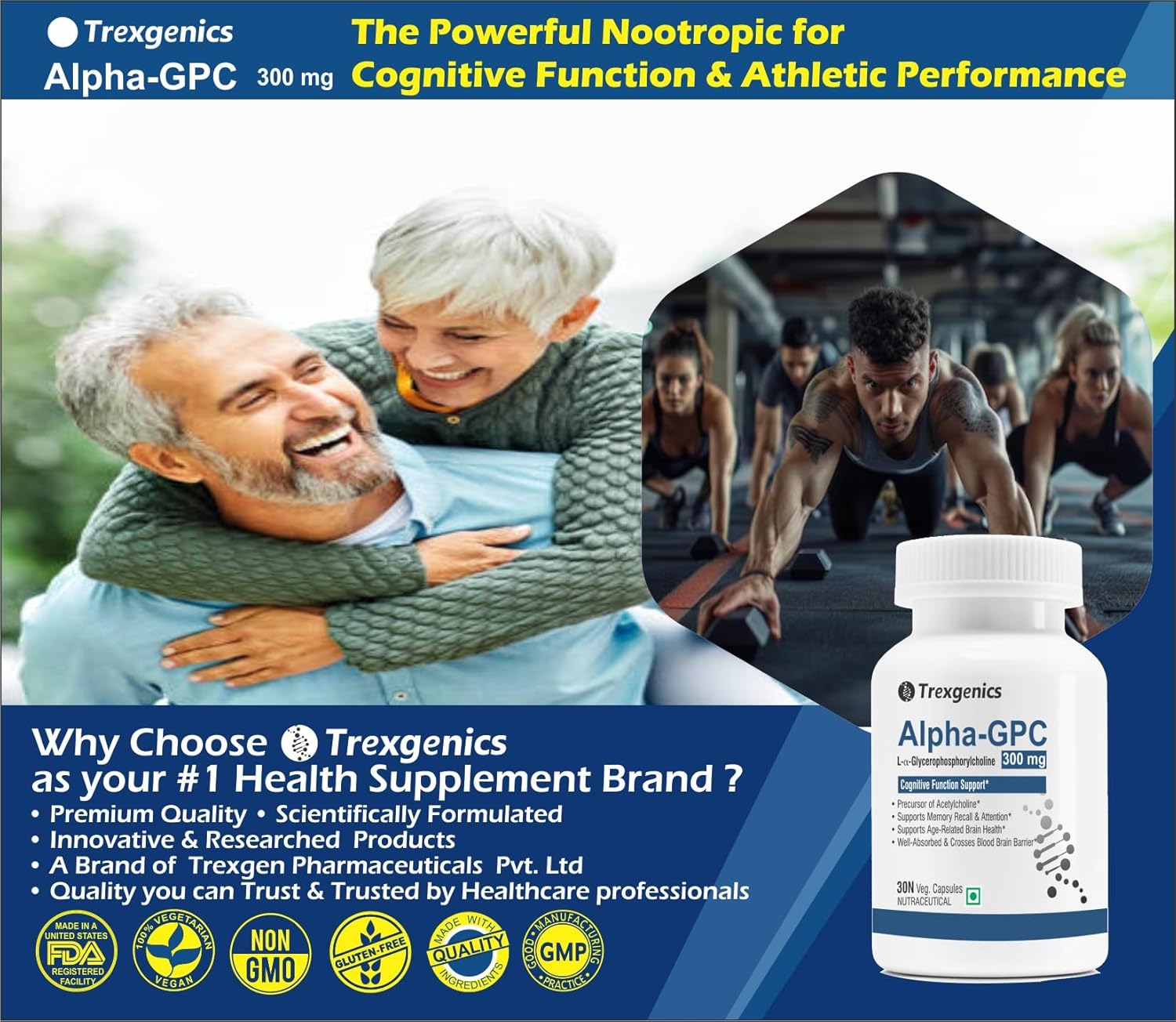 Trexgenics ALPHA-GPC 300 mg L-Î±-Glycerophosphorylcholine Cognitive Function, Brain Health Support (30 Veg Capsules)