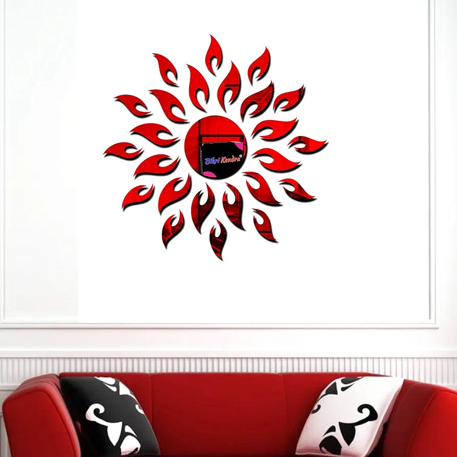 Bikri Kendra Ind Sun with 12 Square red Mirror Stickers for Wall Wall Decor Sticker