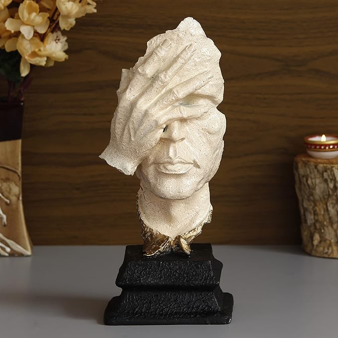 Ecraftindia White Antique Finish Man Hand on Face Handcrafted Decorative Polyresin Showpiece