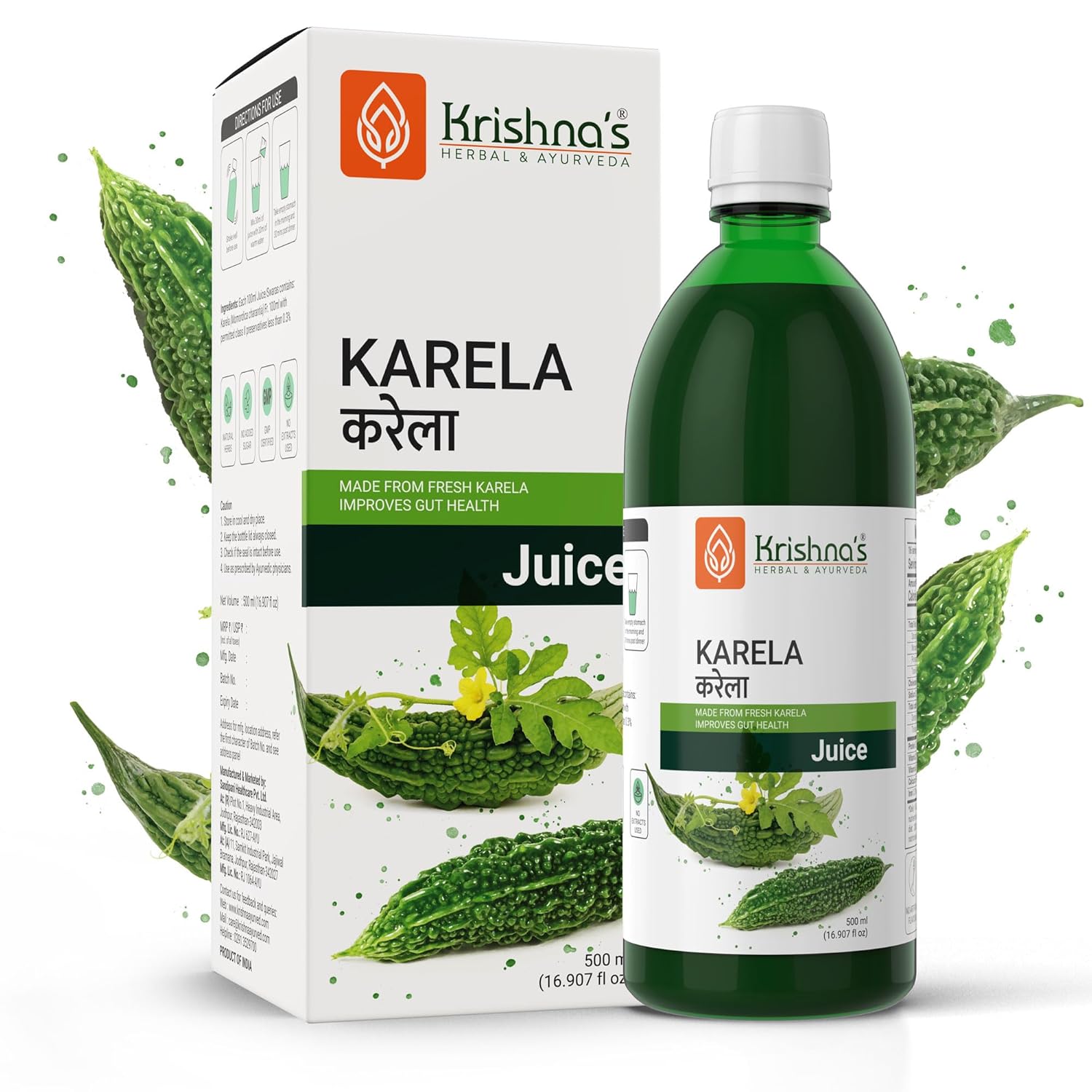 Krishna's Karela Juice - 500 ml | Fresh Karela | Ayurevedic Formulation to maintain Sugar Level | Enriched with Vitamin C - Vitamin A | Sugar free Juice with No Added Color or Flavour