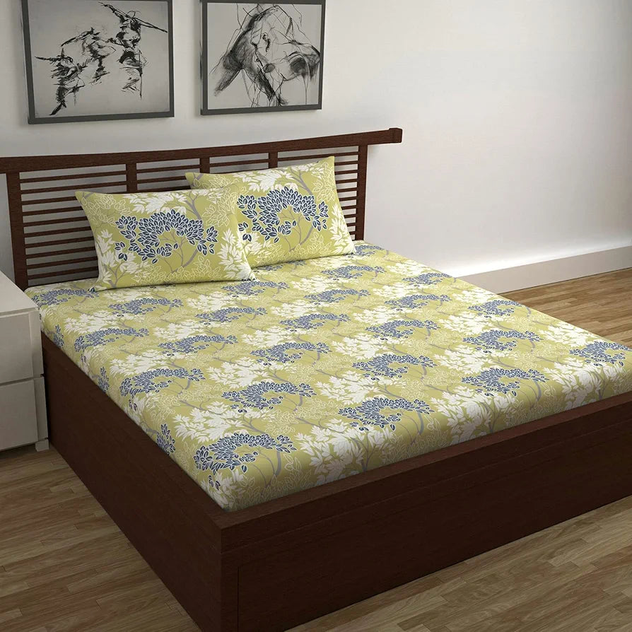 Divine Casa 144 TC 100% Cotton Double Bedsheet with 2 Pillow Covers Floral Pattern Colour Lemon Drop