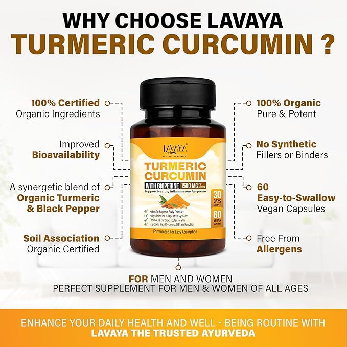 Lavaya Turmeric Curcumin Capsules for Men & Women with Bioperine 1500 mg - 60 caps