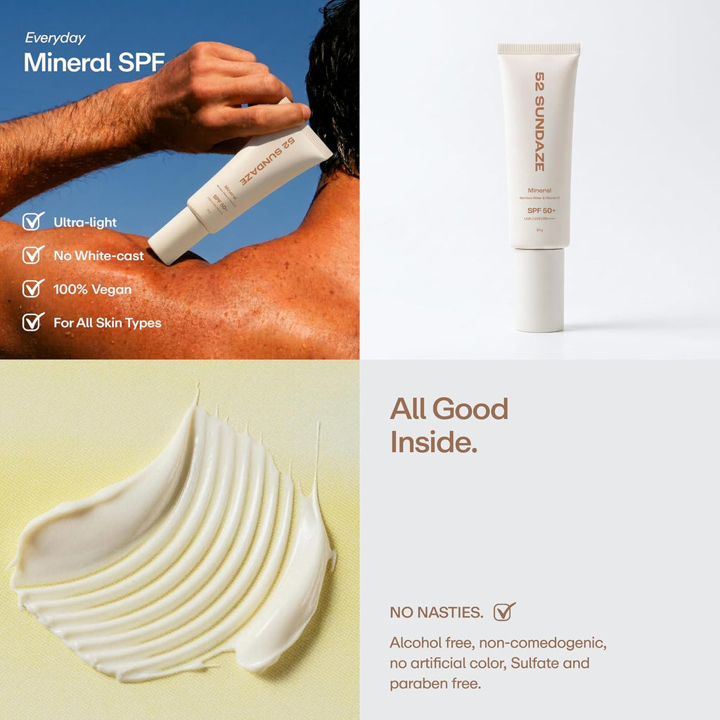 52 Sundaze 100% Mineral Sunscreen SPF 50 PA++++ | For Senitive Skin | No White Cast | In-Vivo Tested | Blue Light & Pollution Protection | No White Cast | Zinc Oxide & Iron Oxide | Fragrance Free | 50g