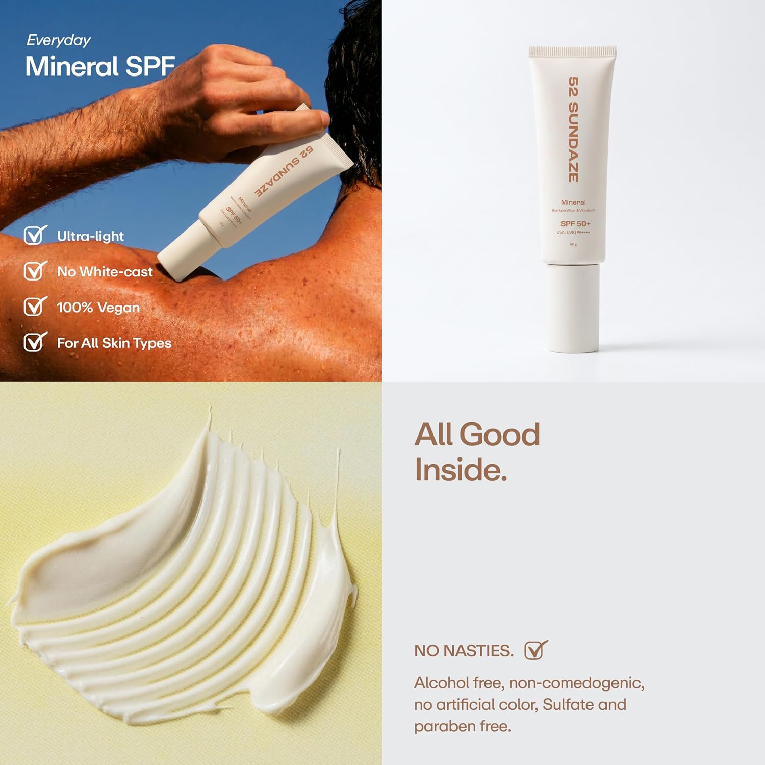 52 Sundaze 100% Mineral Sunscreen SPF 50 PA++++ | For Senitive Skin | No White Cast | In-Vivo Tested | Blue Light & Pollution Protection | No White Cast | Zinc Oxide & Iron Oxide | Fragrance Free | 50g