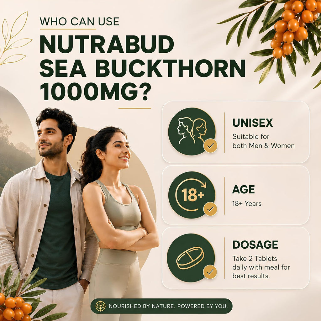 Nutrabud Organics Sea Buckthorn Berry Powder Capsules 1000mg - 60 Veg Tabs - Natural Source of Vitamin-A,C,E,K, Omega-3,6,7,9 & Antioxidants for Skin Glow & Collagen Boost (60 Count (Pack of 1))