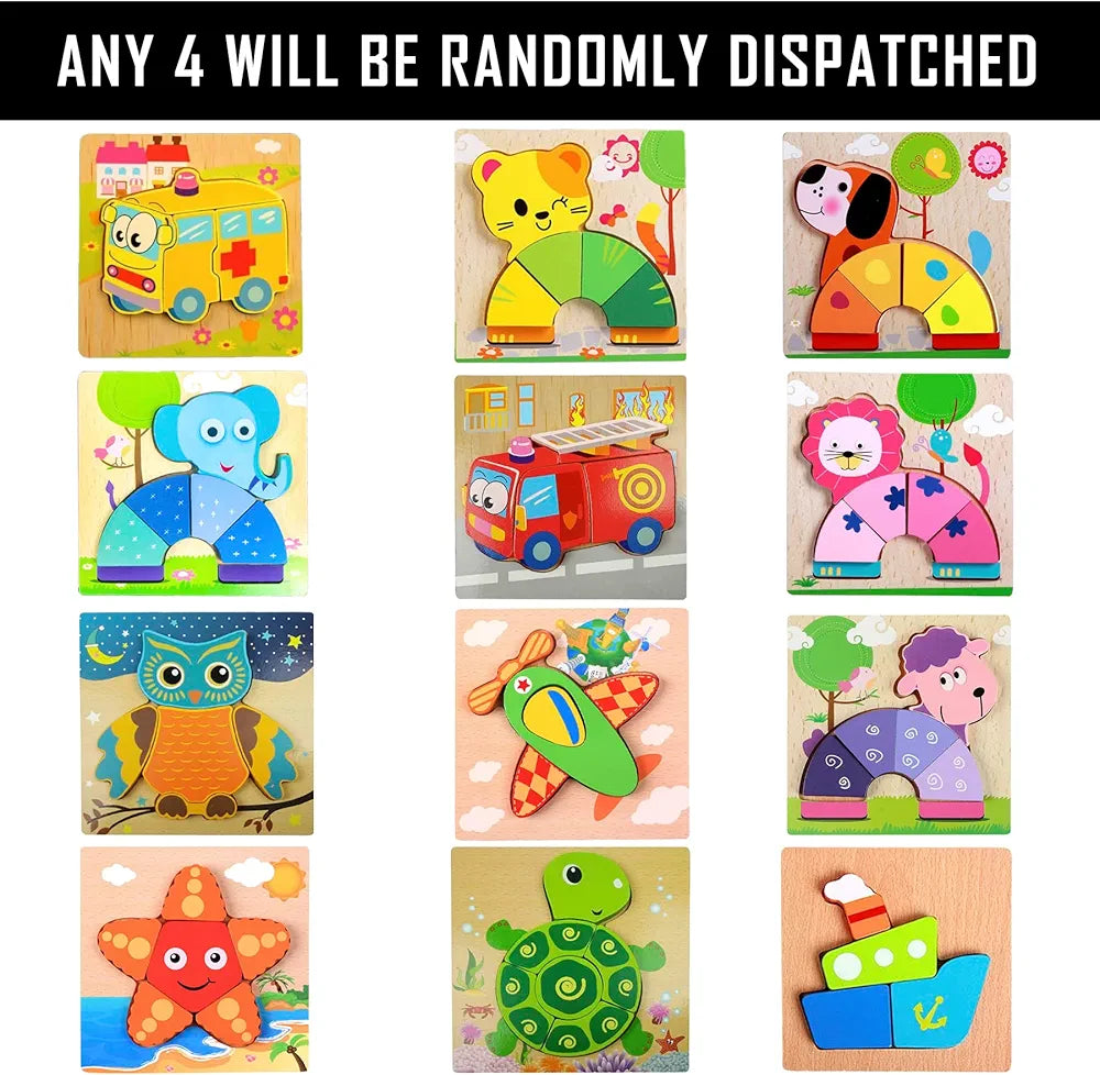 Wishkey Set of Jigsaw Wooden Animal Vehicle Puzzle Early Age Matching Game Learning Educational Preschool Toy