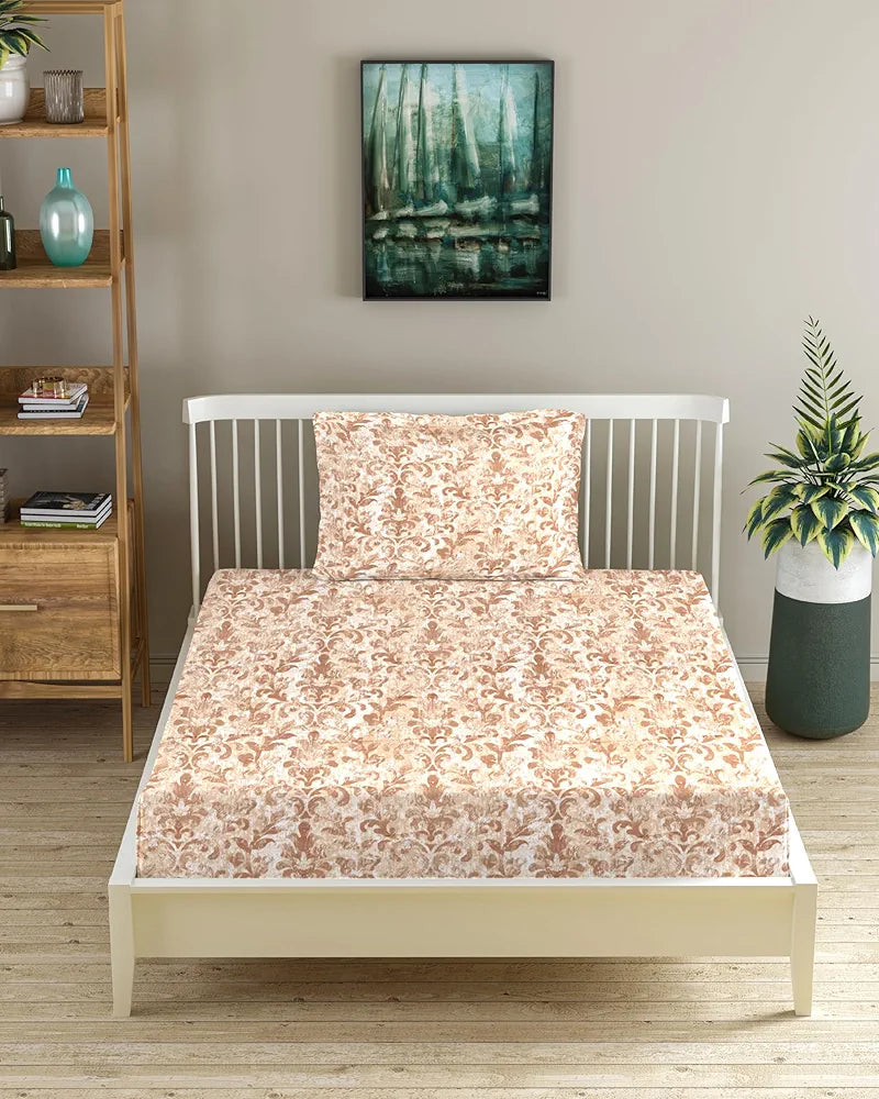 Trance Home Linen 180Tc 100% Cotton 78"X36" Single Size Elastic Fitted Bedsheet Printed With 1 Pillow Cover Colour Royal Brown