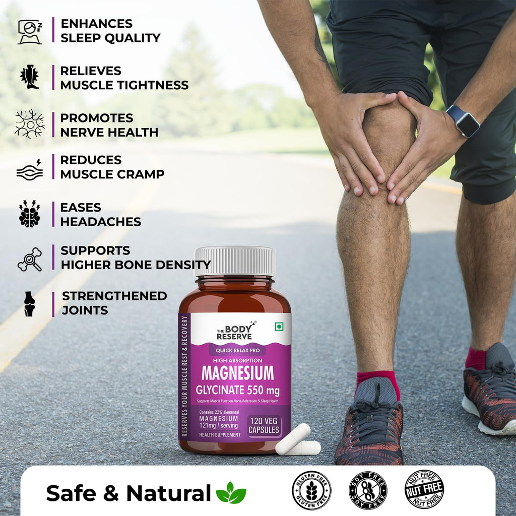 The Body Reserve Magnesium Glycinate Supplement - 120 Vegetable Capsules, 550mg Per Serving, High Absorption Chelated Form - Supports Muscle & Nerve Health, Aids Relaxation for Men & Women