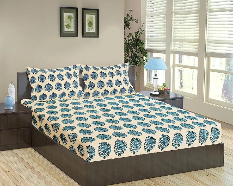 Trance Home Linen 200TC 100% Cotton 78"x36" Single Size Elastic Fitted Bedsheet Printed with 1 Pillow Cover Colour Damask Blue