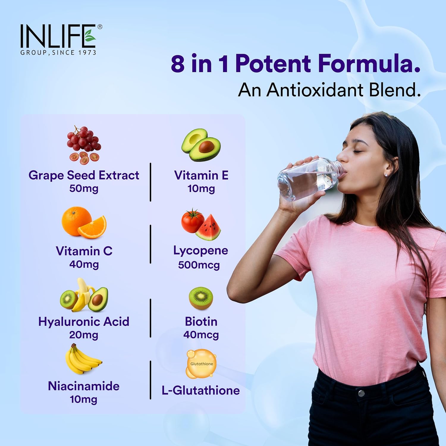 INLIFE L-Glutathione Reduced 500mg | Grape Seed Extract, Vitamin C, Hyaluronic Acid, Niacinamide, Vitamin E, Lycopene & Biotin | Antioxidant Complex for Skin & Immune Support - 30 Vegetarian Capsules (Pack of 1)
