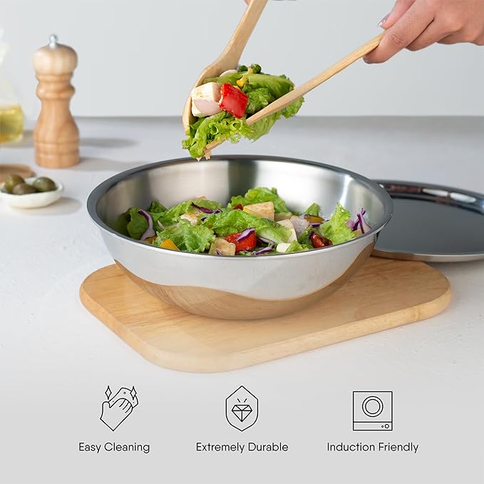 Stahl Artisan Triply Stainless Steel Tasla With Lid | Kadhai Without Handle | Induction & Gas Stove Compatible | 3.3 L | 26 Cm