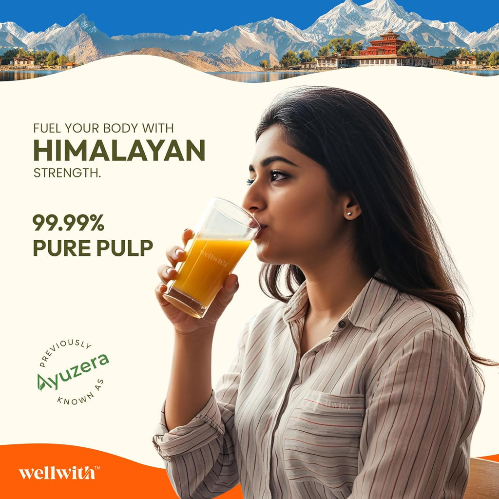 Wellwith by Ayuzera Himalayan Sea Buckthorn Pulp 300ml | Cold Pressed Seabuckthorn Juice | Rich in Vitamin C, Omega 3 6 7 9 & Antioxidants | Supports Immunity, Skin & Gut Health