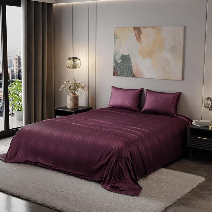 Stoa Paris Burgundy Bliss Satin Bedsheet for King Size Bed with 2 Pillow Covers Colour Burgundy Bliss-Maroon
