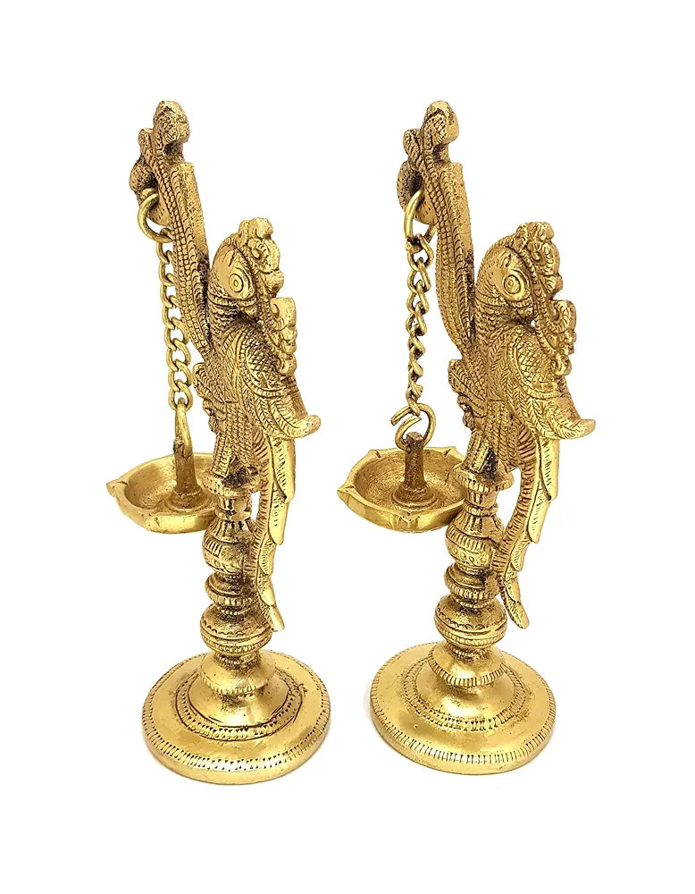 Two Moustaches 7 Inches Peacock on Pillar Design Brass Diya Pair