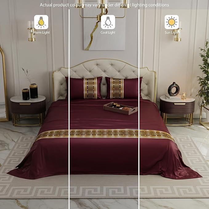 Stoa Paris Bedsheets for Double Size Bed Satin Bedsheet Set with 2 Pillow Covers Colour Royal Treasures-Wine