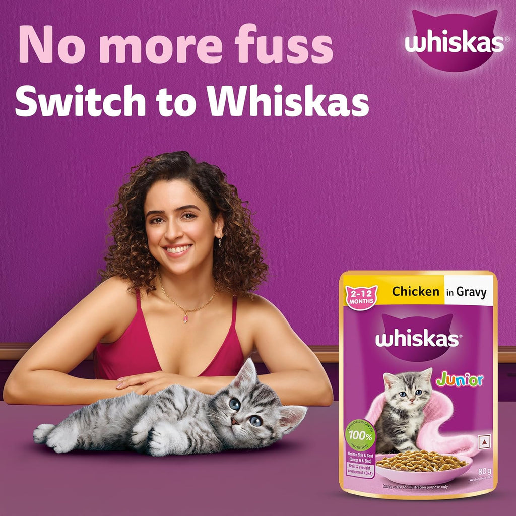 Whiskas Junior Kitten (2-12 Months) Wet Cat Food, Chicken in Gravy, 80 g (Pack of 14), Hydrating Food Made With Real Chicken, 100% Complete & Balanced Nutrition for Kittens