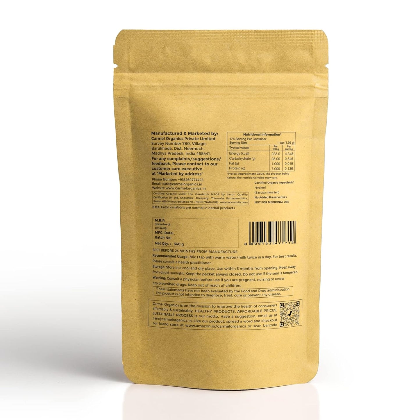 Carmel Organics Bacopa Powder - 340 gms