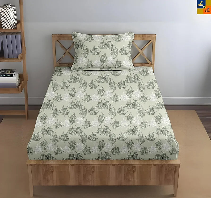 Trance Home Linen Pure 100% Cotton 144TC Printed Single Fitted Bedsheet with 1 Pillow Cover Colour Fern Paradise Green