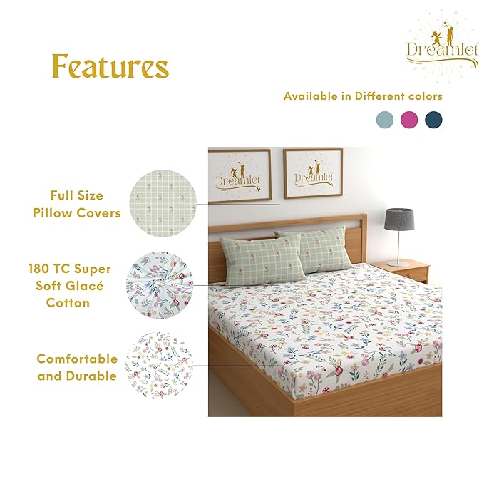 Dreamlet Premium Cotton Flat Double Bedsheets With 2 King Size Pillow Covers Double Bed Breathable | Multicolor