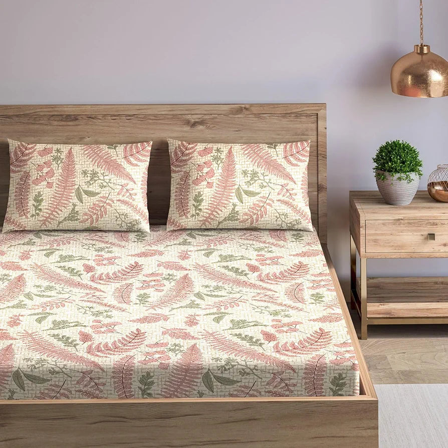 Trance Home Linen 100% Cotton 144Tc Elastic Fitted Bedsheet Printed King Bed Size with 2 Pillow Covers Colour Foliage Peach