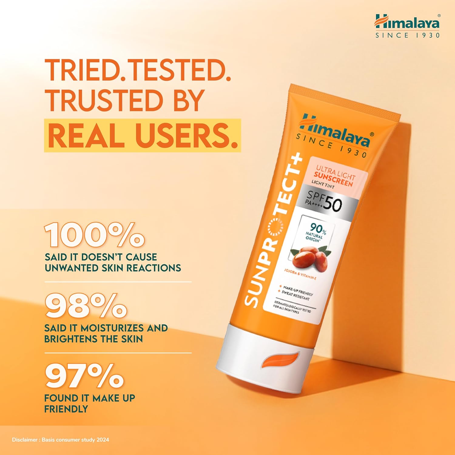 Himalaya Sun Protect+ Ultra Light Sunscreen | Light tint Cream| 90% Natural Origin Ingredients | In vivo tested SPF 50 PA++++ | Dermatologically tested for all skin types | No white cast | Make up friendly | Sweat Resistant | 50g
