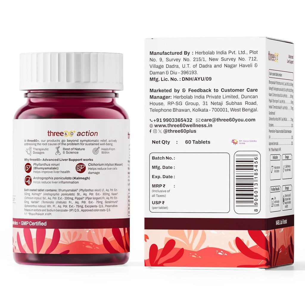 three60+ Advanced Liver Support Tablets | Daily Liver Detox & Fatty Liver Care | Clinically Proven Formula with Bhumiamalaki, Kalmegh & Kasani | Supports Liver Health & Alcohol Detox | 60 Tablet