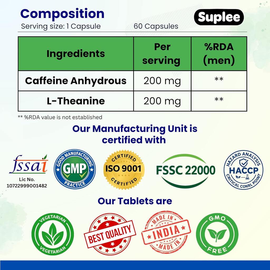 Suplee Caffeine 200mg & L-Theanine 200mg, Focus & Alertness Support, Pre-Workout & Study Aid, 60 Veg Capsules