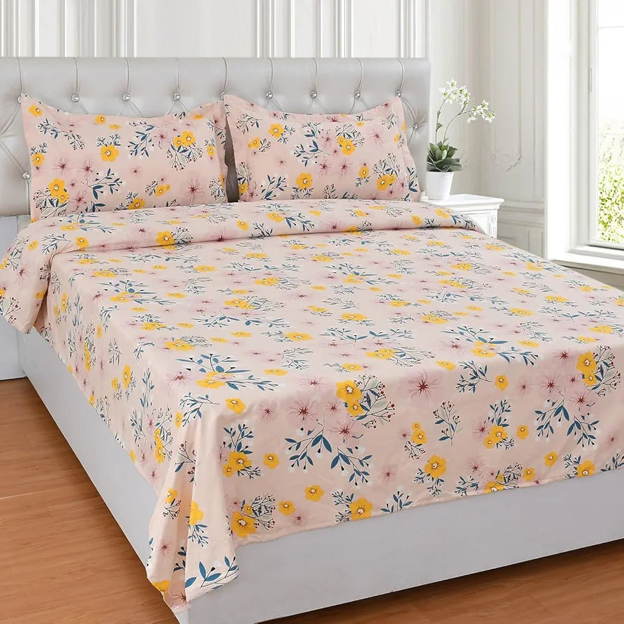 HomeKart Cotton 200 TC Proper King Size Bedsheet for Double Bed King Breathable for Summer with 2 Large Size Pillow Covers Without Joint Peach Yellow Flowers