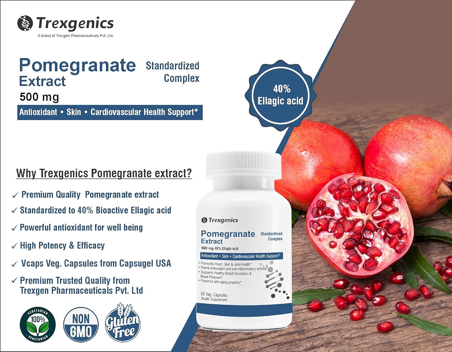 Trexgenics POMEGRANATE (Bioactive 40% Ellagic acid) Seed Extract 500 mg Antioxidant, Skin Care, Blood circulation, Cardiovascular Health Support (60 Veg capsules)