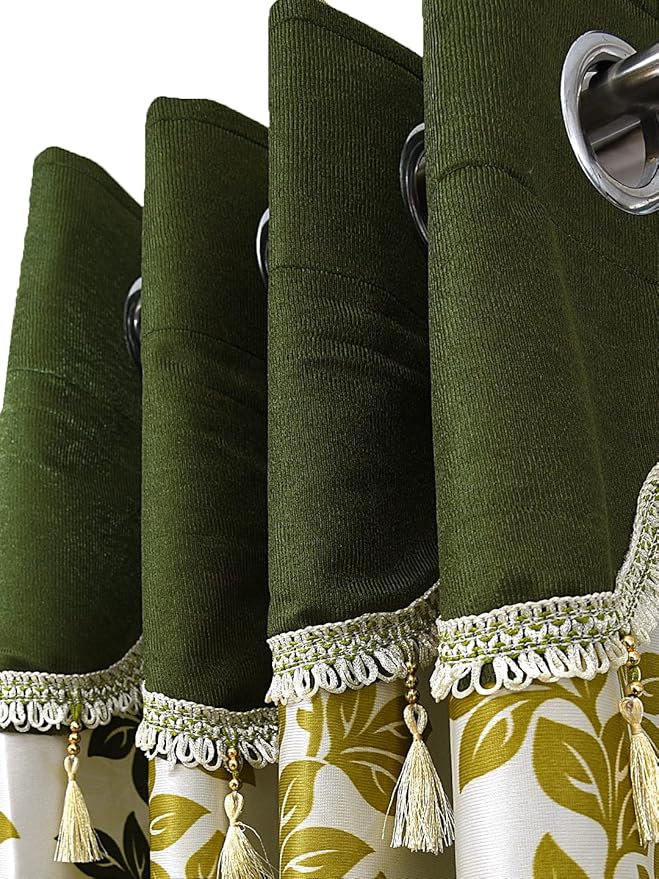 Cortina 2 Piece Floral Design Panel Eyelet Polyester Door Curtains | 7 Feet | Green