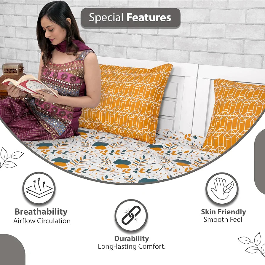 Divine Casa 144 TC Cotton Bedsheet for Double Bed with 2 Pillow Cover Colour Teal Mustard