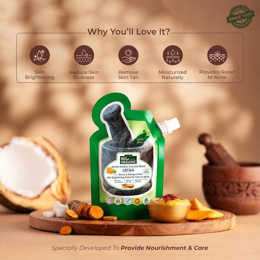Indus Valley Bio Organic Kasturi Haldi & Coconut Malai Ubtan, Skin Brightening Paste with Besan & Mango Butter for Face & Body