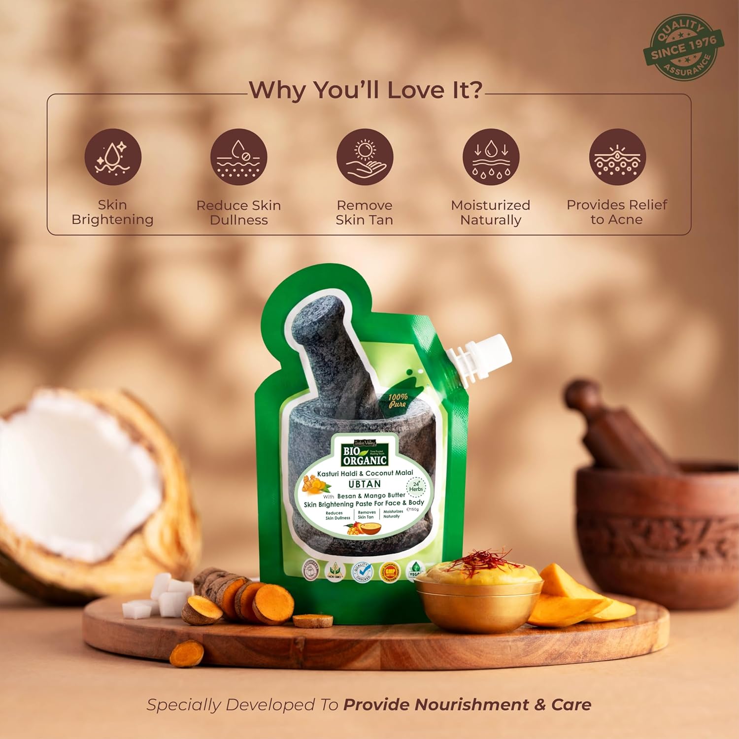 Indus Valley Bio Organic Kasturi Haldi & Coconut Malai Ubtan, Skin Brightening Paste with Besan & Mango Butter for Face & Body