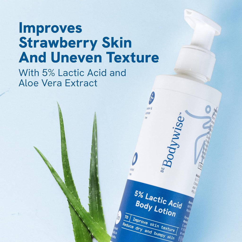 Be Bodywise 5% AHA Lactic Acid Body Lotion with 48Hr Moisturisation 200ml | Dermatologically Tested | Improves Skin Texture & Reduces Appearance of Strawberry Legs | With Lactic Acid, Aloe Vera & Cica Extract