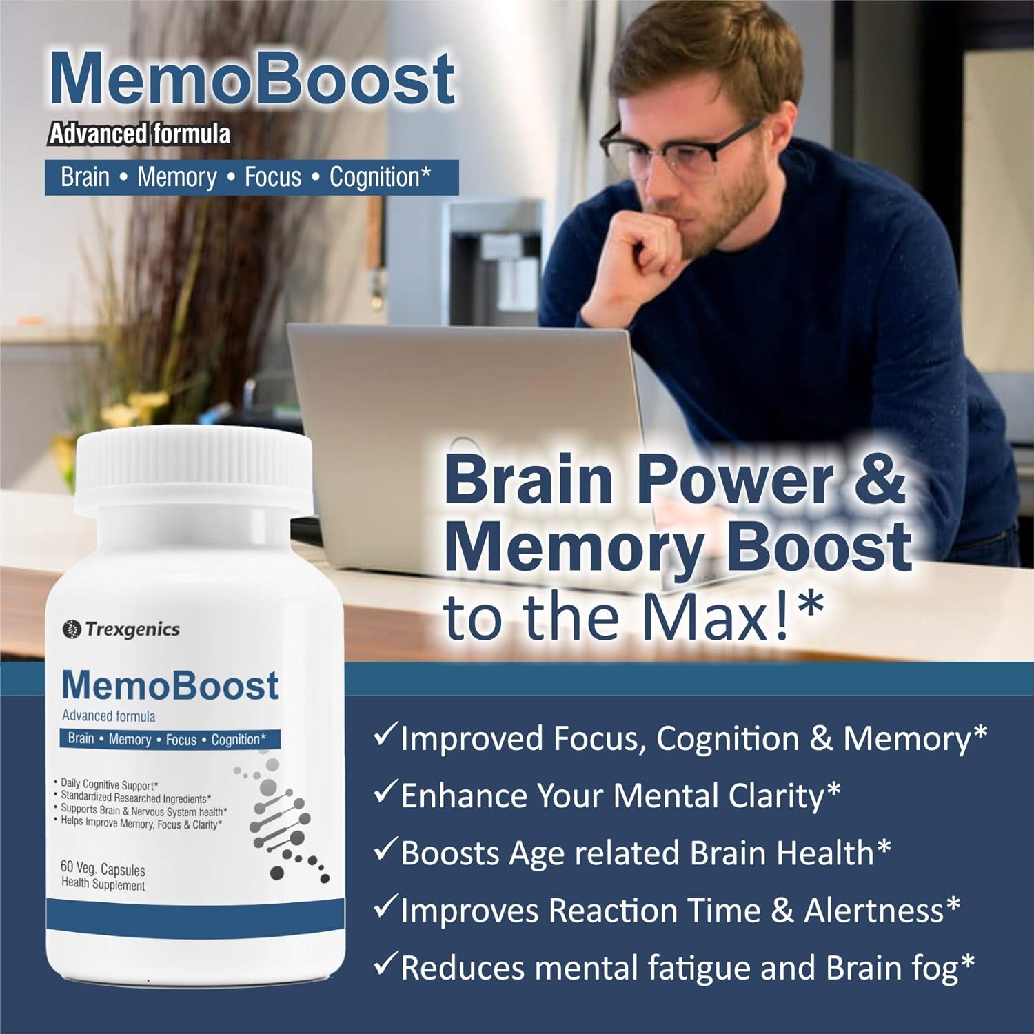 Trexgenics Nootropic Memoboost Max High Strength Advanced Natural Herbs & Vitamin Complex 60 Veg. Capsules(1)