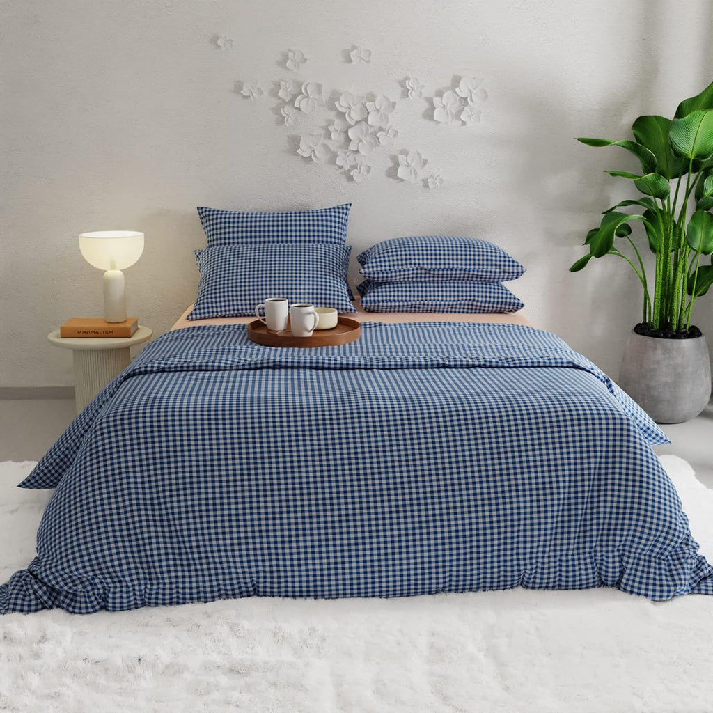 Stoa Paris Vogue Microfibre Comforter for King Size Bed with 4 Pillow Covers Colour Blue Waves in Vichy