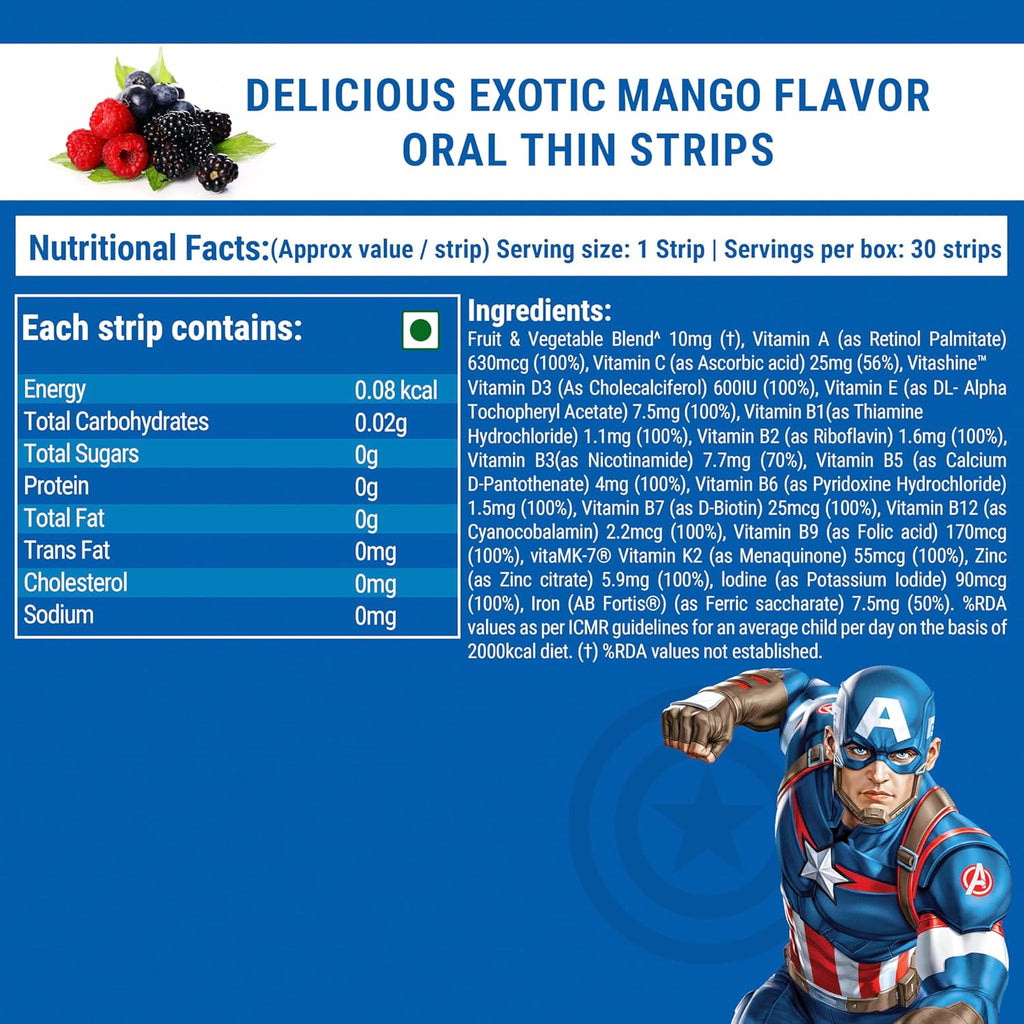 Wellbeing Nutrition Marvel Captain America Melts | Multivitamin for Kids (6+) to Improve Overall Growth & Develpoment with Vitamin A, B-Complex, C, D & Iron | Tropical Berry Flavor (30 Oral Strips)