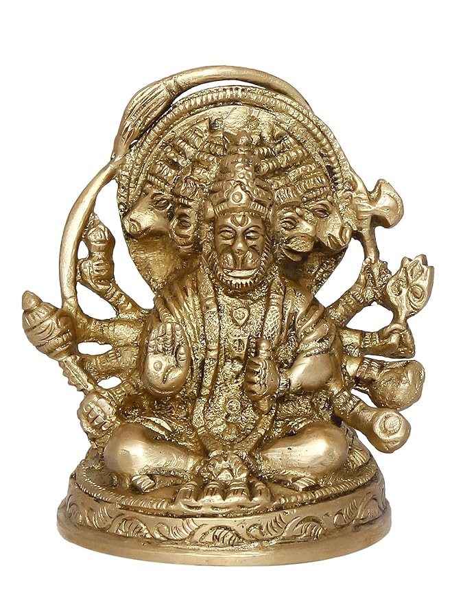 Ecraftindia Golden Brass Handcrafted Sitting Panchmukhi Hanuman Statue | Bajrangbali Religious Idol Murti