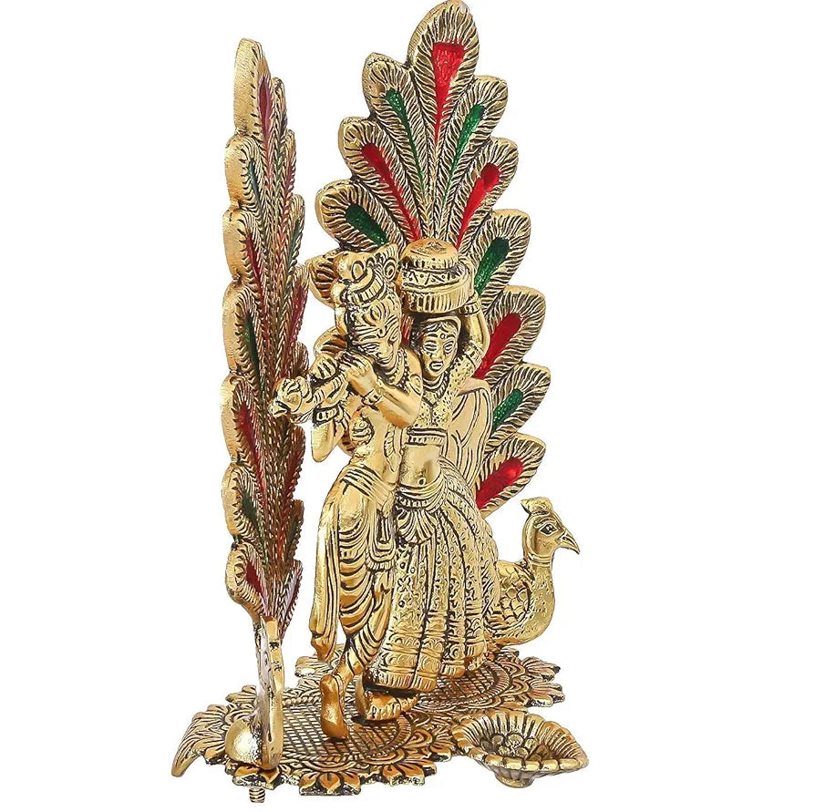 Chhariya Crafts Metal Radha Krishna Idol Statue With Diya Peacock Design Decorative Showpiece