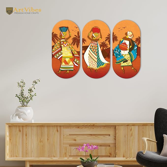 Artvibes African Women Dancing Wooden Wall Hanger for Home Set of 3 (WH_9009N)