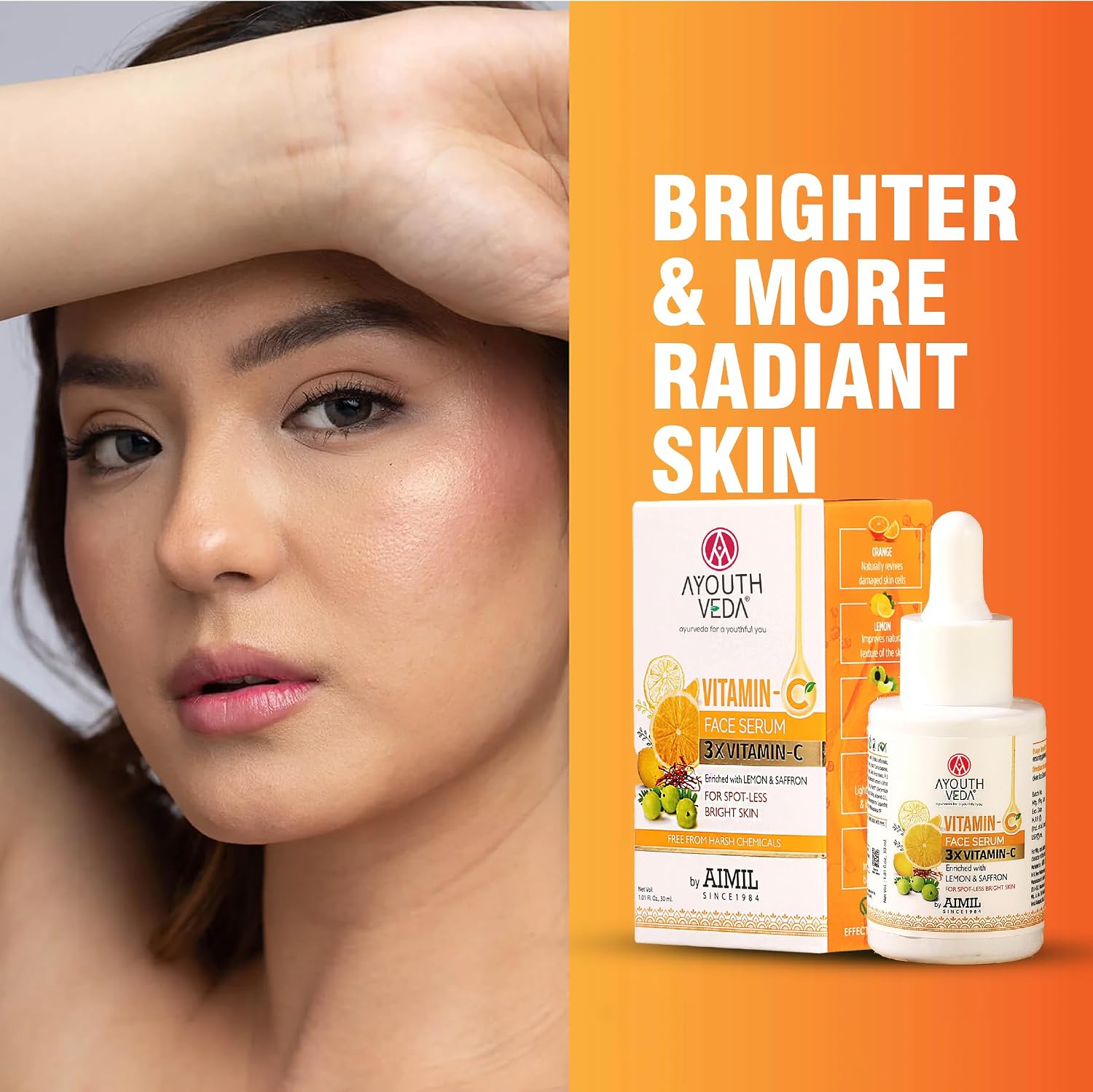 Ayouthveda Vitamin-C Face Serum With 3X Vitamin-C | Reduce Discoloration and Enhance Radiance | Enriched with Lemon, Saffron, Orange & Gooseberry | For Spot-less Bright Skin - 30 ml