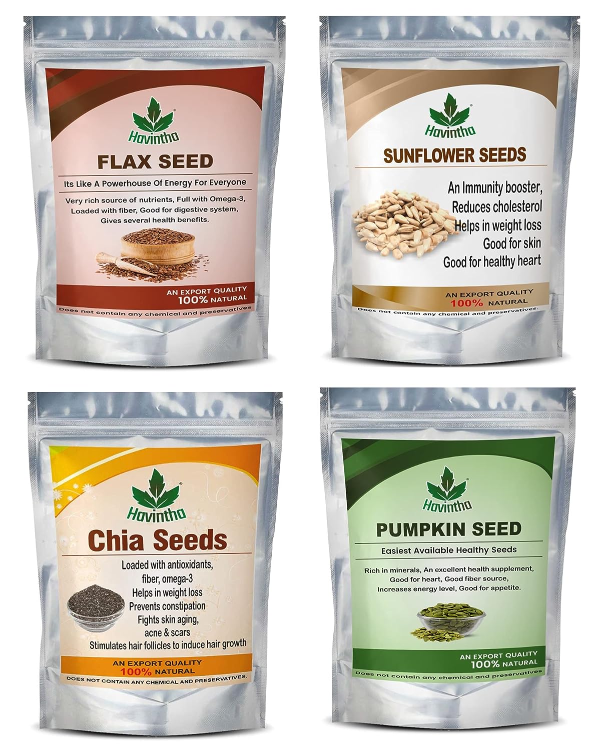 Havintha Natural Sunflower, Pumpkin, Chia, Flax Seeds (Combo Pack) - Each 100 gms