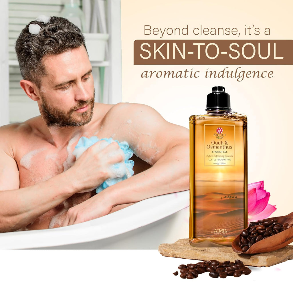 Ayouthveda Oudh & Osmanthus Shower Gel with Coffee | Aromatic Body Wash for Revitalizing & Hydrating Skin | Sulfate-Free Luxury Cleanser for Men & Women | 250 ml