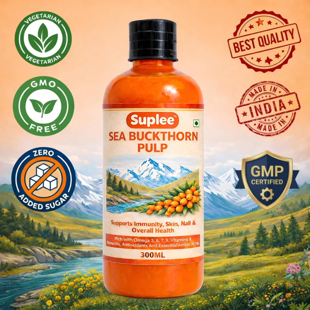Suplee 99.9% Pure Himalayan Sea Buckthorn Pulp 300ml | Original & Natural Seabuckthorn Pulp Concentrate Rich in Omega 3, 6, 7 & 9 | Sugar Free Immunity Booster & Antioxidant Supplement for Radiant Skin, Hair & Overall Health | 300ml