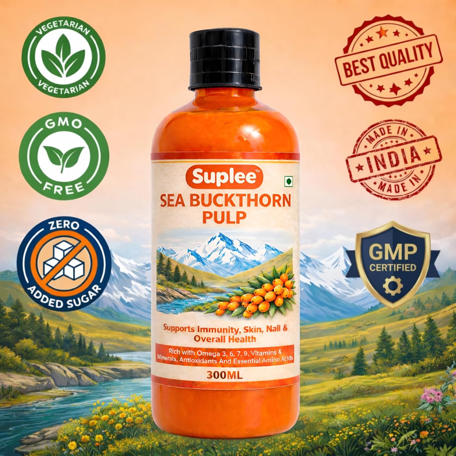 Suplee 99.9% Pure Himalayan Sea Buckthorn Pulp 300ml | Original & Natural Seabuckthorn Pulp Concentrate Rich in Omega 3, 6, 7 & 9 | Sugar Free Immunity Booster & Antioxidant Supplement for Radiant Skin, Hair & Overall Health | 300ml