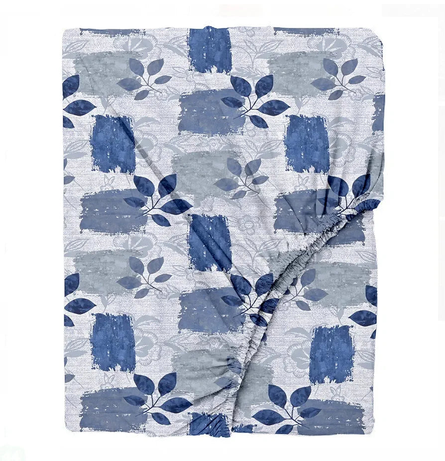 Trance Home Linen 100% Cotton 144Tc Elastic Fitted Bedsheet Printed King Bed Size Elasticated Fitted Bedspread with 2 Pillow Covers Colour Blue Beech