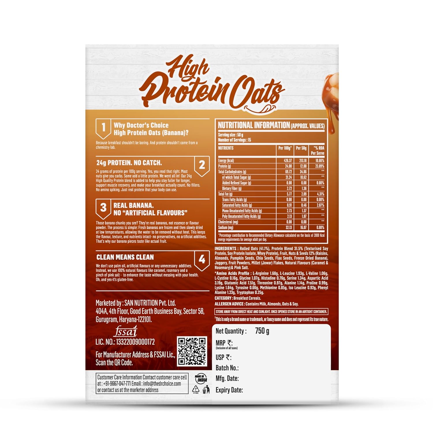 DC DOCTORS CHOICE High Protein Oats Banana Caramel Flavour 750g | 24g Protein | Made with Real Bananas | No Refined Sugar | Healthy Instant Oatmeal Breakfast | High Fiber Oats Box