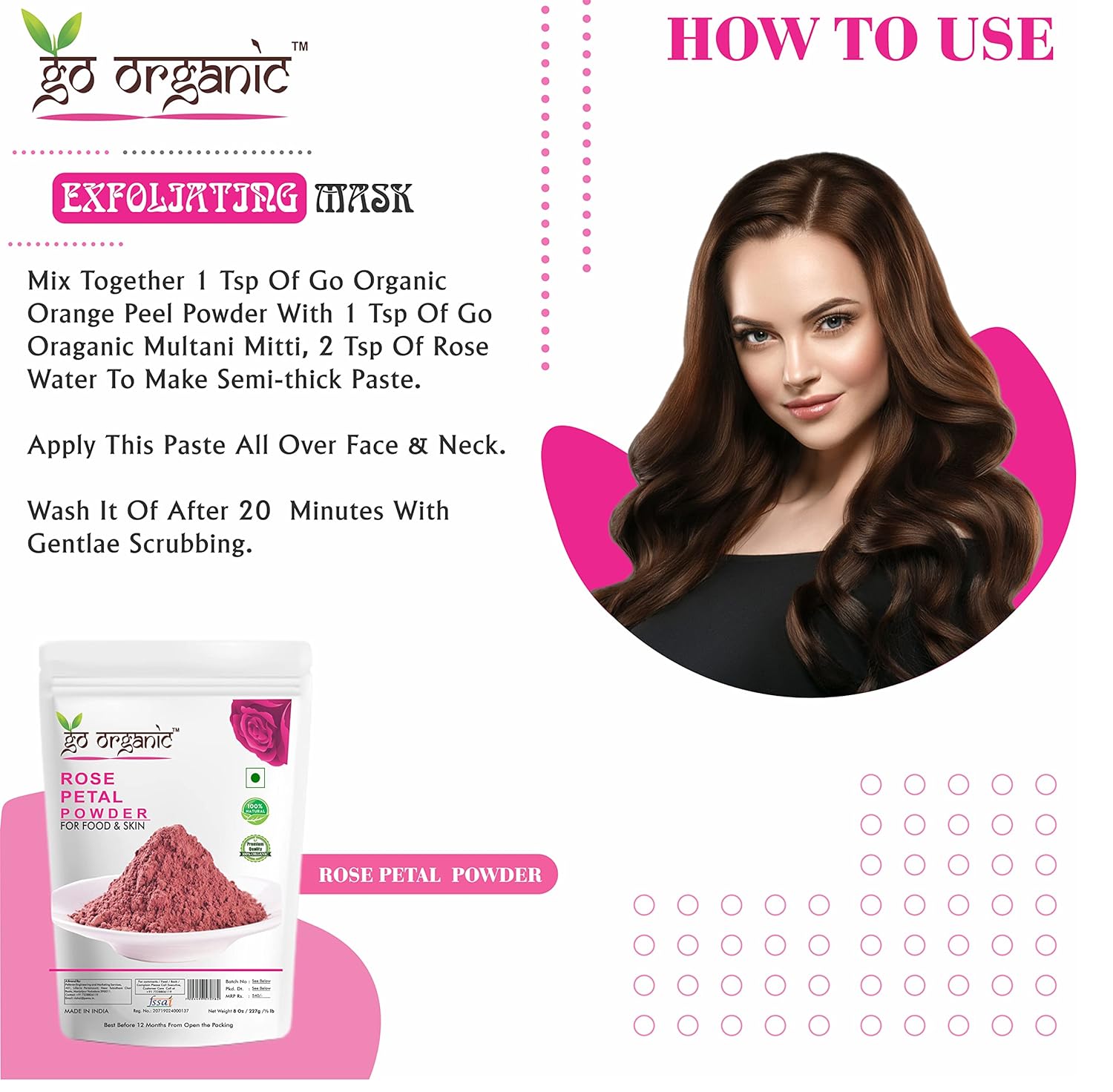 Go Organic Export Quality Rose Petal Powder for Skin and Food 227g - Natural Skin Toner with Vitamin C and for Antioxidant Protection